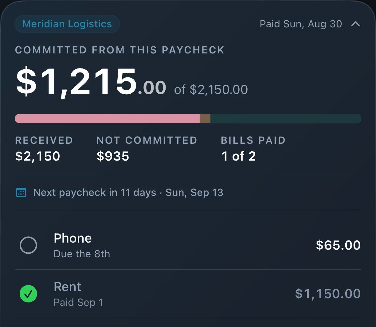 Paycheck Commitment Card